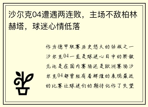 沙尔克04遭遇两连败，主场不敌柏林赫塔，球迷心情低落